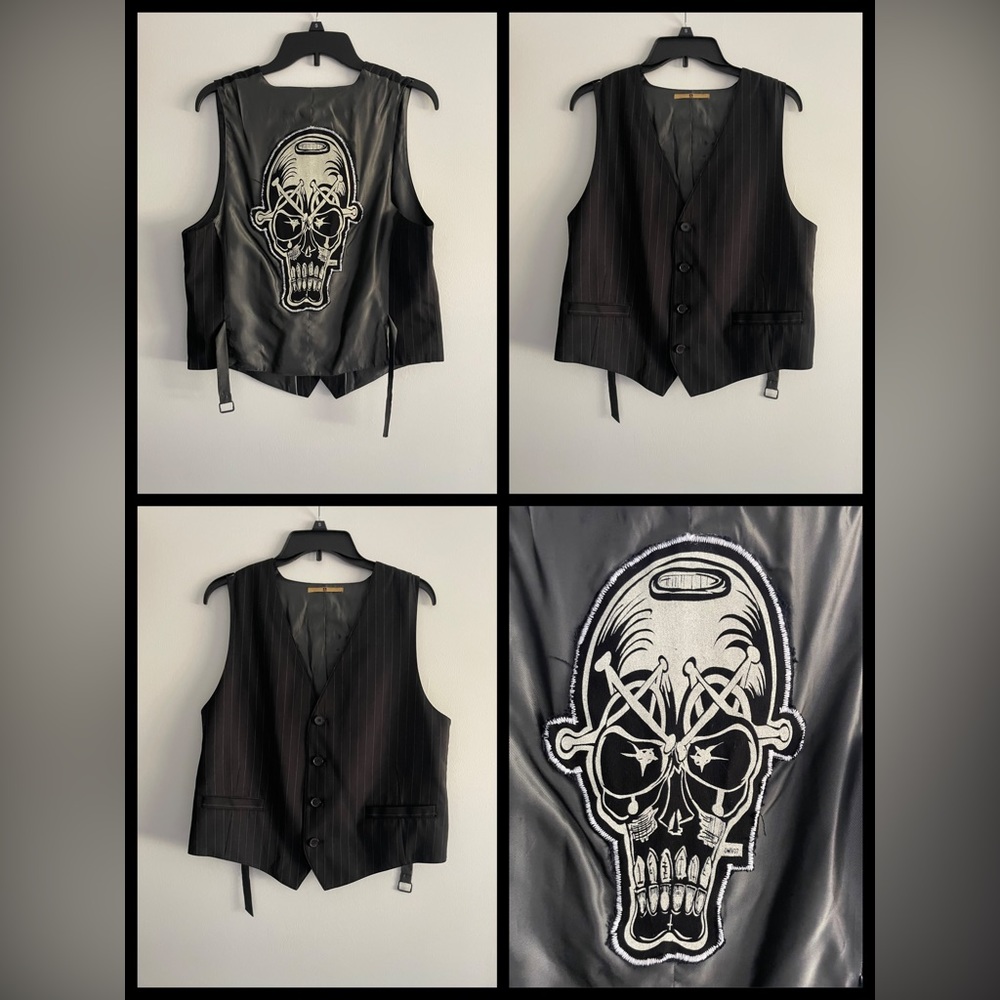 Marc Vachon 38R Punk Rock Star Black Skull Striped Vest One Of A Kind Stage Wear